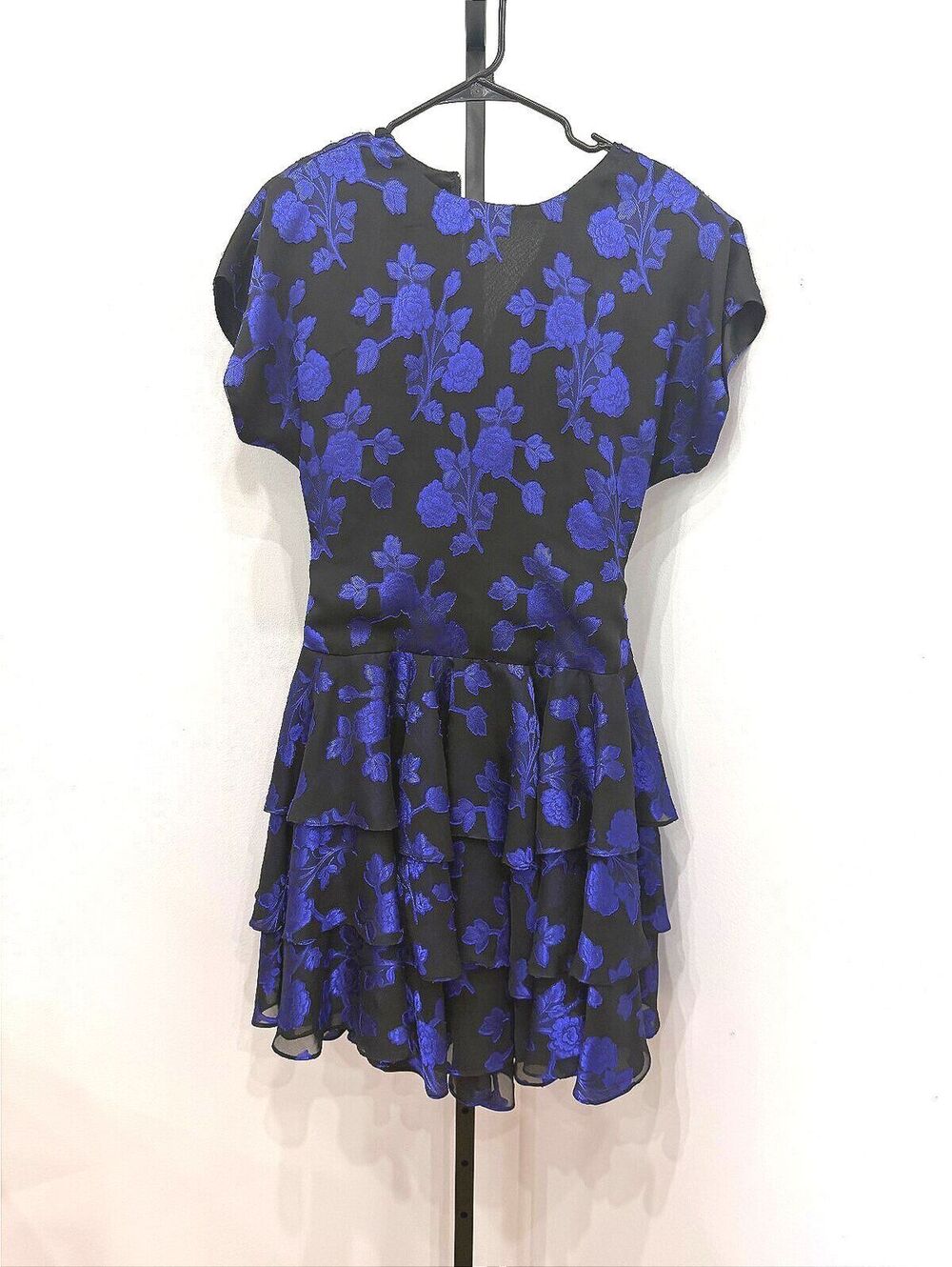 80s 90s Vintage Black and Blue Floral Tiered Ruffle Dress